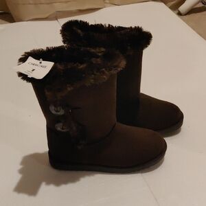 New! Cherokee Gibby Girls Dark Brown Faux Fur Trim Boots